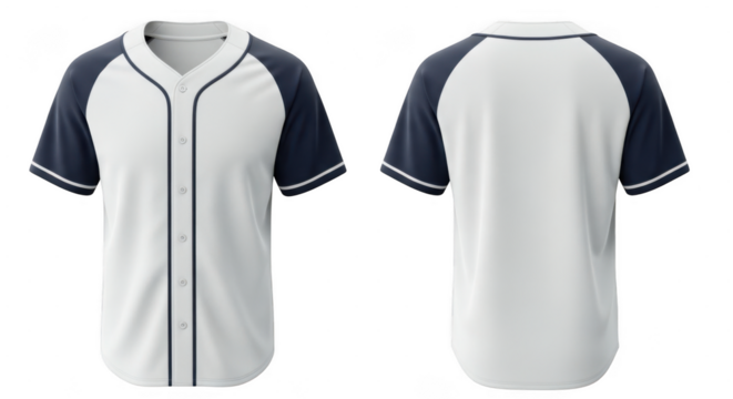 White and navy baseball jersey with contrasting sleeves, front and back view isolated on transparent background