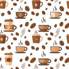 Obraz premium Coffee cups and beans seamless pattern - hot beverage cafe background