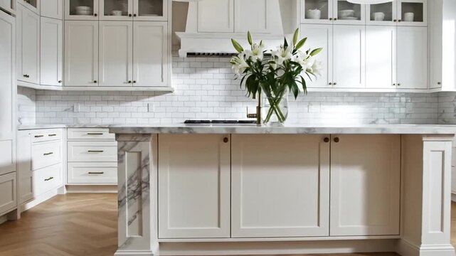 Bright White Kitchen with Marble Countertops Herringbone Wood Floor and Elegant Floral Centerpiece for a Modern Culinary Space