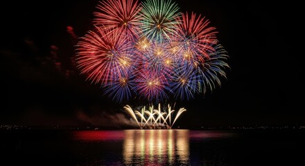 Spectacular fireworks illuminate night skies above tranquil waters during celebration