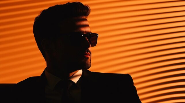 Man in sunglasses posing against an illuminated backdrop with diagonal shadow lines