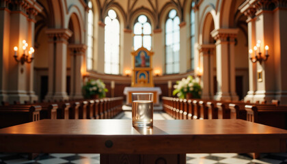 Holy water on a wooden table in serene cathedral setting with stained glass windows