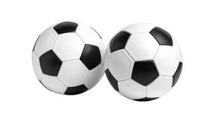 Fototapeta premium Two soccer balls, black and white pentagons, against a transparent background, casting soft shadows