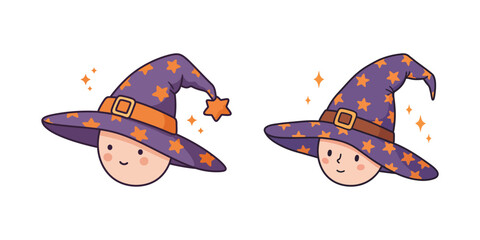 Cute cartoon magical hats with charming faces and sparkling stars, perfect for fantasy and enchantment themes