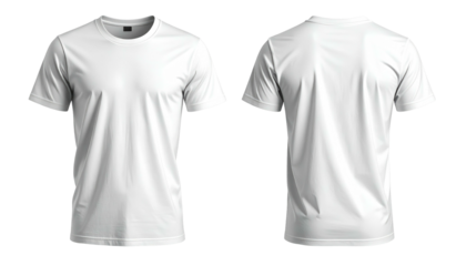Front and back view of a plain white t-shirt, isolated on transparent. Simple clothing item