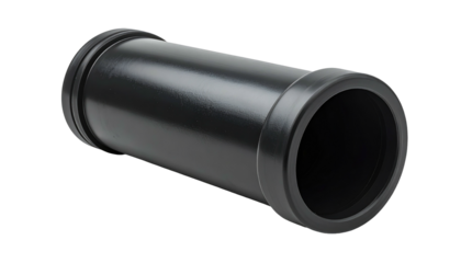Black plumbing pipe connector, cylindrical shape with rounded ends, isolated on a black background, angled slightly