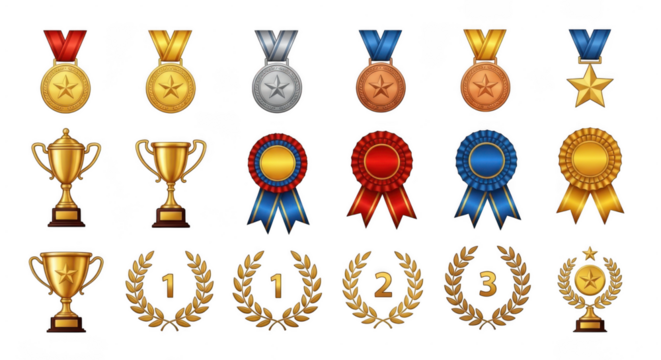 Collection of colorful medals, trophies, ribbons, and awards set isolated on transparent background
