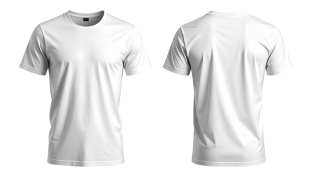 Front and back view of a plain white t-shirt, isolated on transparent. Simple clothing item
