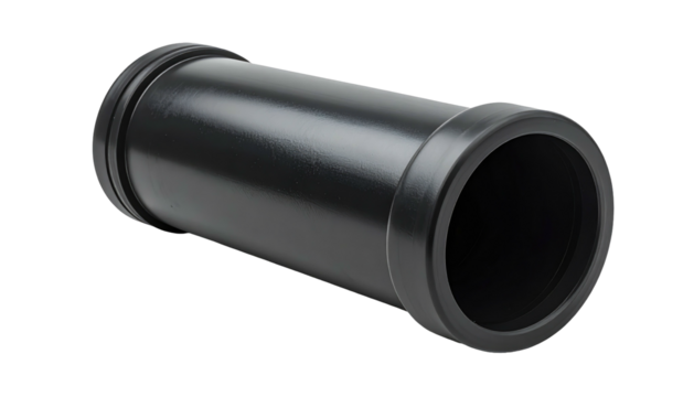 Black plumbing pipe connector, cylindrical shape with rounded ends, isolated on a black background, angled slightly