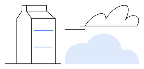 Milk carton beside blue cloud and a linear abstract cloud evokes eco-consciousness, purity, and natural sustainability. Ideal for packaging, organic product branding, dairy, environment, health