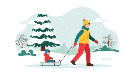 Winter Fun: Dad and Kid Playing with a Sled