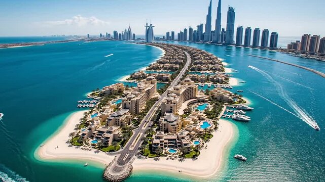 Aerial View of Crescent Shaped Artificial Island in Dubai with Sand Beaches Azure Water and Modern City Skyline Under Clear Blue Sky on Bright Sunny Day
