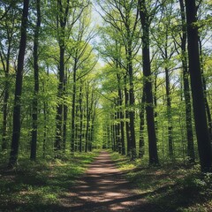 Obraz premium Sun-dappled woodland path bathed in the radiant glow of fresh springtime foliage and treetop canopy