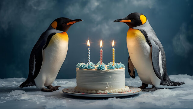 penguins and a beautiful lit up birthday cake with candles in the snow, ai