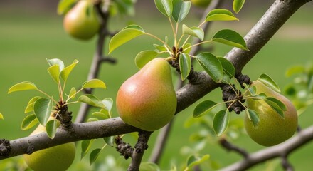 Sunlit pear orchard showcasing ripening fruit and fresh foliage on robust branches against green