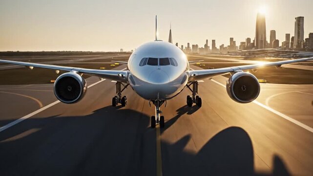 A high-quality cinematic 4K aerial video showing a large commercial airplane landing on a runway, with a modern cityscape visible in the background. The shot captures the impressive scale 