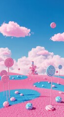 Surreal candy landscape with pastel skies and playful lollipop accents evokes fantasy realm