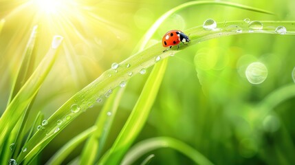 Close-up of Ladybug on Dewy Green Grass Blade in Sunlight