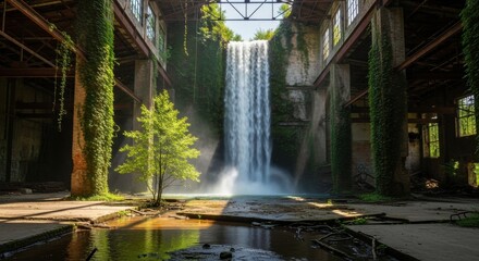 Surreal juxtaposition: Waterfall cascading through the skeletal remains of an old factory space
