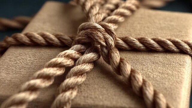 Wrapped Gift of Natural Texture: An elegant, eco-friendly gift, secured with a tightly woven rope knot, speaks of thoughtful gifting, emphasizing the beauty of simple textures. 