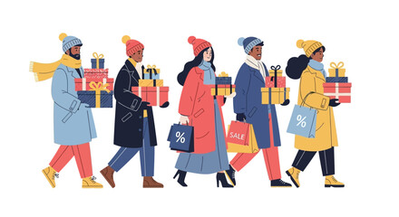 Crowd of Shoppers Walking with Holiday Gifts