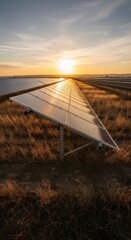 Sustainable energy field at golden hour reflecting sunlight off photovoltaic panels