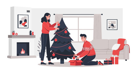 Couple Putting Ornaments on a Christmas Tree