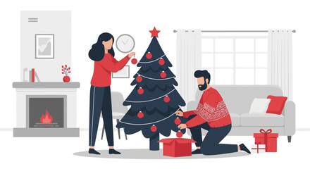 Man and Woman Preparing for Christmas Holiday at Home