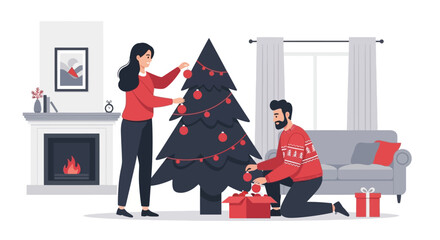Happy Couple Decorating Christmas Tree Together