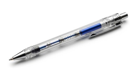 Transparent Ballpoint Pen with Blue Ink on a Clean White Background