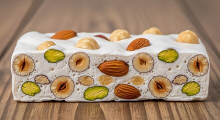 Artisanal nougat confection featuring assorted nuts on a wooden surface
