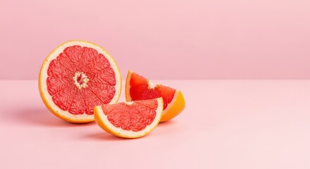 Segmented grapefruit arrangement on a pastel pink backdrop, fresh vibe