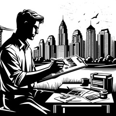 Naklejka premium Architect Sketching with Clipboard