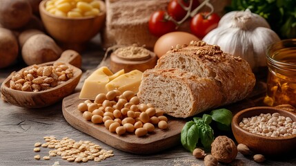 Assorted common food allergens in flat lay composition on table