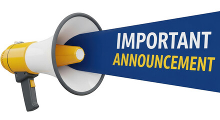 Important announcement megaphone with blue banner for public notification and alerts isolated on transparent background