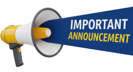 Important announcement megaphone with blue banner for public notification and alerts isolated on transparent background