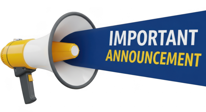 Important announcement megaphone with blue banner for public notification and alerts isolated on transparent background