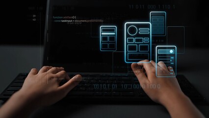 UI UX mockup showing application layout, structure, and code interface. UI design defines user flow, UI design improves clarity, UI design enhances experience, and UX design supports logic. Marrow