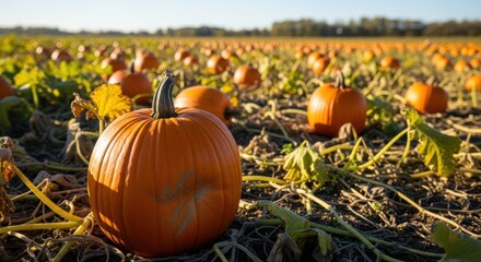 Scenic Pumpkin Patch Panorama Under a Clear Sky on an Autumnal Day