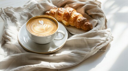 Coffee Cup with Latte Art and Croissant on Soft Cloth in Natural Light