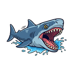 Fototapeta premium Dynamic cartoon illustration of a fierce blue shark with its mouth wide open, showing sharp teeth and splashing water.