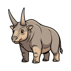 Fototapeta premium A friendly cartoon rhinoceros with two horns stands smiling, depicted in a simple, clean illustration style on a white background.