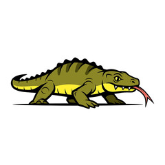 Obraz premium Cartoon illustration of a Komodo dragon with its tongue sticking out, walking.