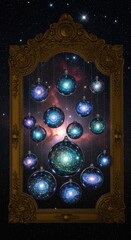 Galactic Ornaments Hanging in an Ornate Frame with Starry Nebula Backdrop
