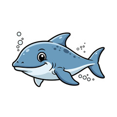 Obraz premium Cute friendly blue cartoon shark swimming with bubbles in the water.