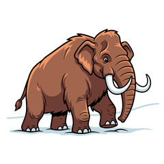 Fototapeta premium A cartoon illustration of a woolly mammoth with tusks walking in a snowy environment.