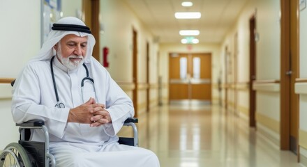 Pensive Arab Physician Sitting in Wheelchair in Hospital Corridor