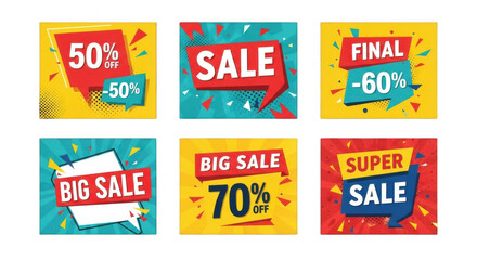 Colorful sale and discount banners collection with bold text and vibrant backgrounds for promotions isolated on transparent background