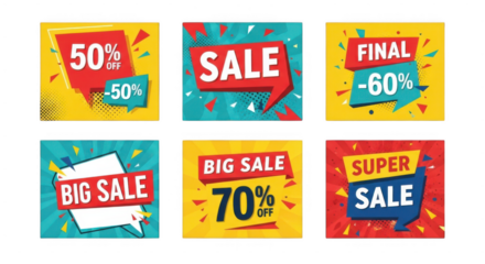 Colorful sale and discount banners collection with bold text and vibrant backgrounds for promotions isolated on transparent background