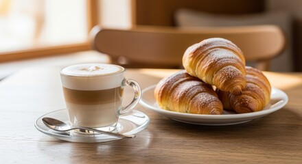 Morning Indulgence: A Cup of Layered Latte and Freshly Baked Croissants